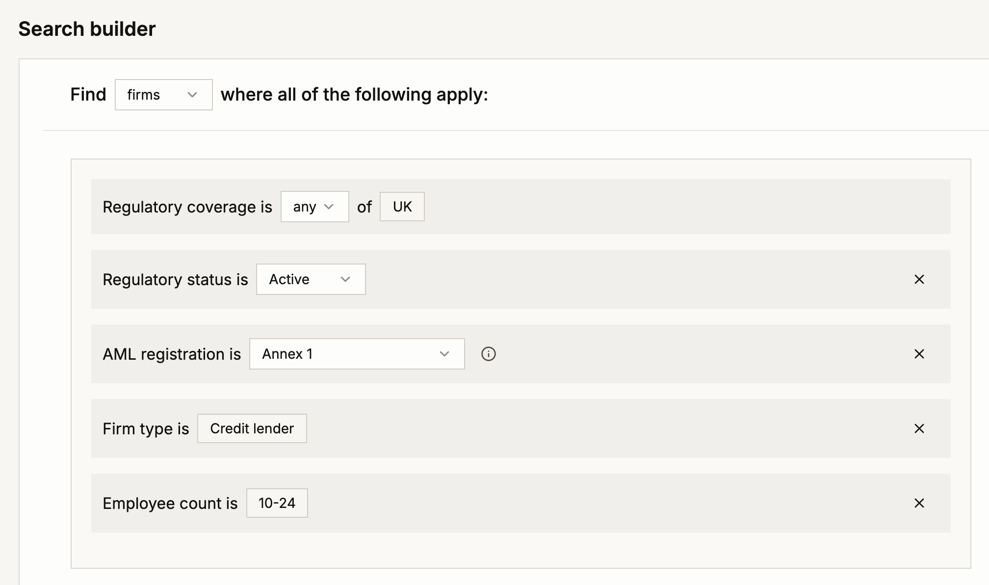 Hackford search builder filtering active UK Annex 1 firms by credit lender and 10 to 24 employees