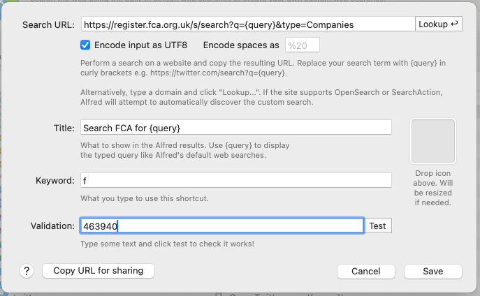 Image with Alfred settings for firm search