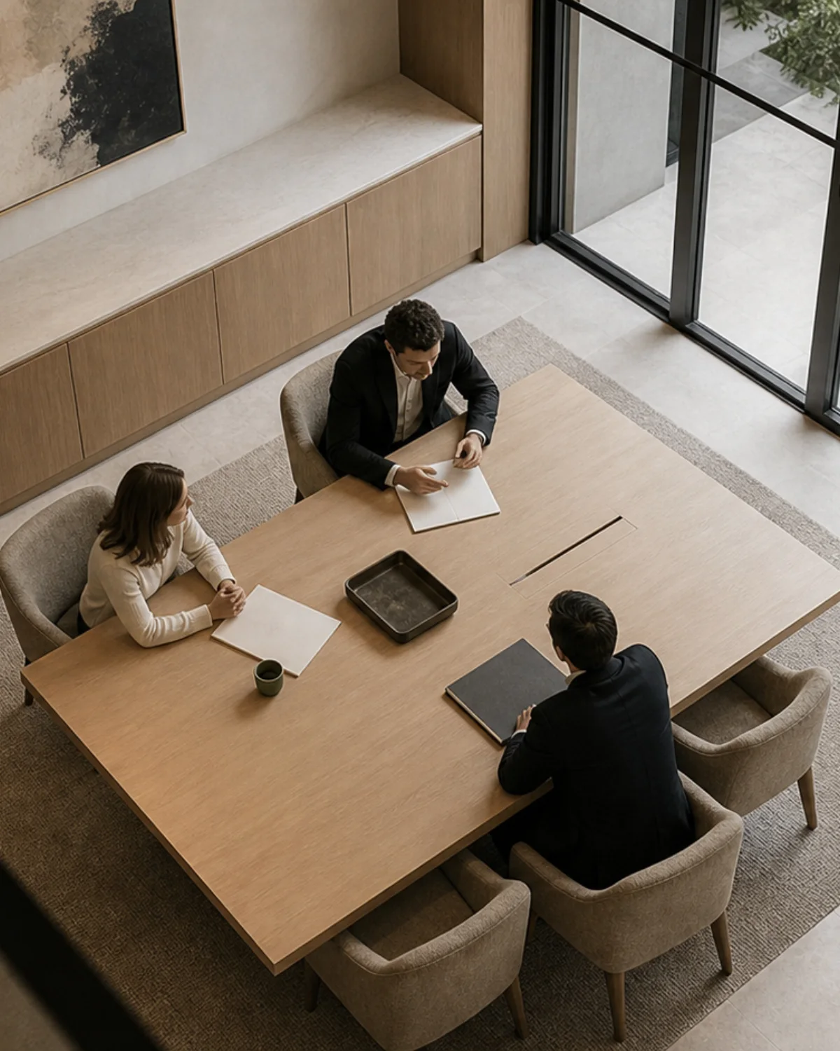 High-angle compliance consultancy meeting in a quiet suite with courtyard views