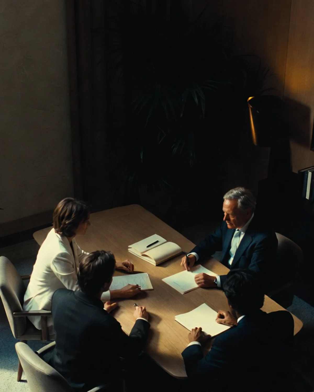 High-angle compliance consultancy meeting in a quiet suite with courtyard views