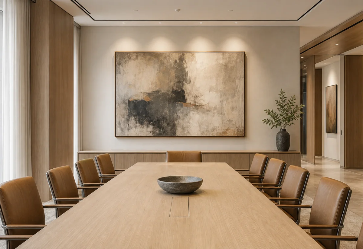 Modern executive-search boardroom with natural light and abstract art