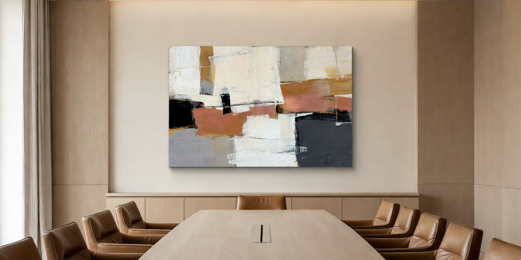 Modern executive-search boardroom with natural light and abstract art