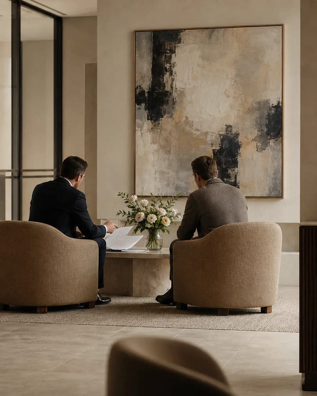 Private-client adviser lounge with an adviser and client reviewing papers