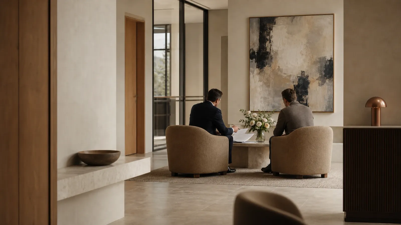 Private-client adviser lounge with an adviser and client reviewing papers