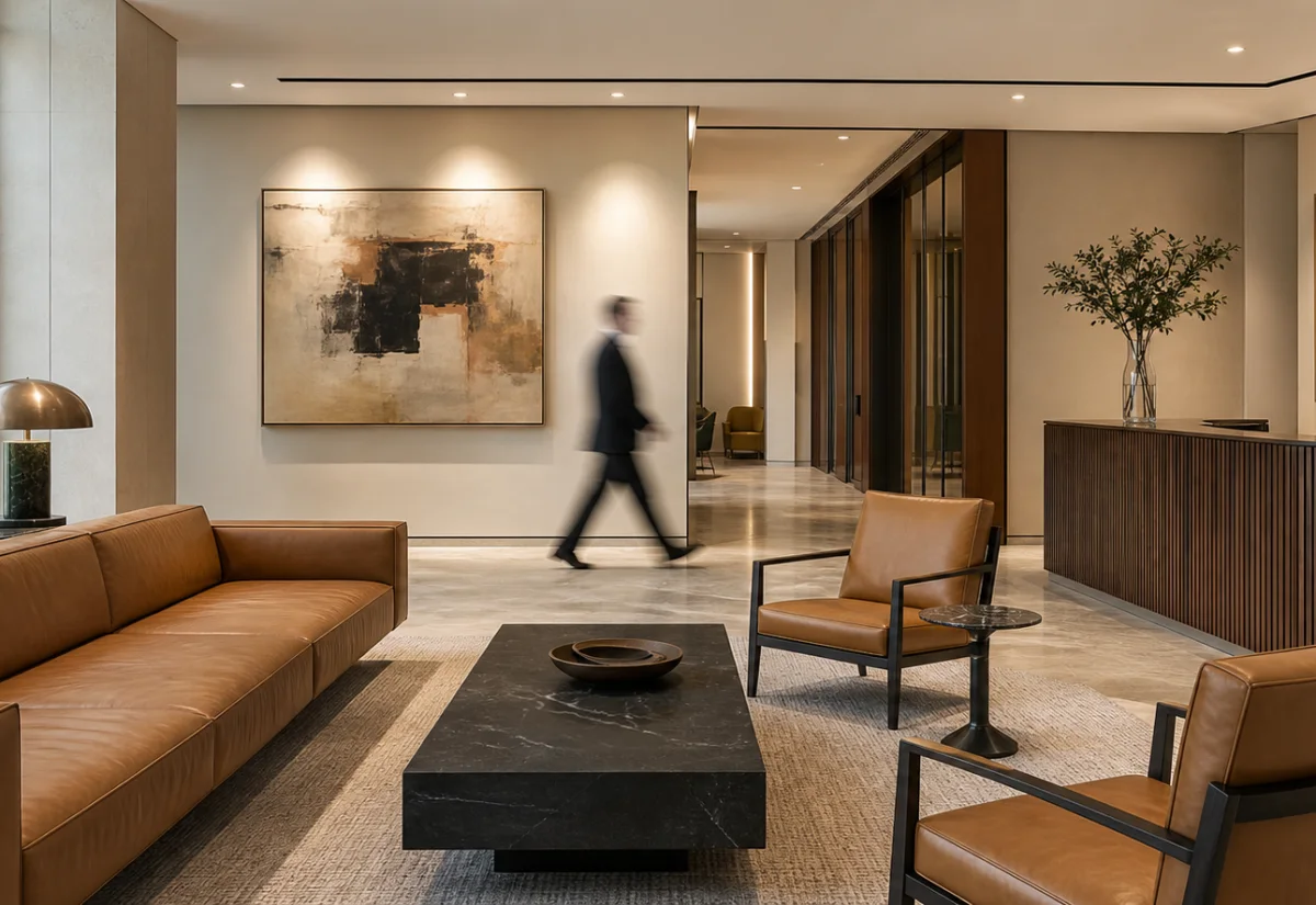 Premium law-firm reception lounge with camel leather seating and abstract art