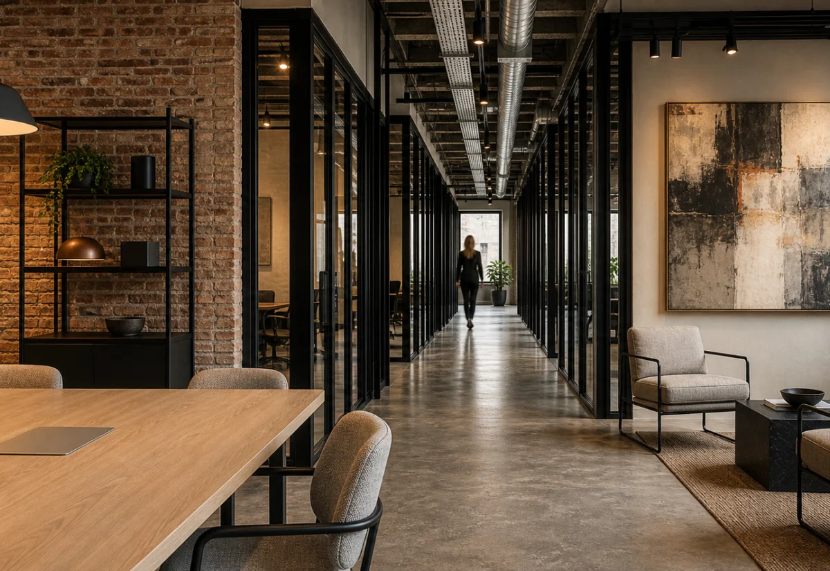 Shoreditch-style regtech office with exposed brick, glass meeting rooms, and a deep corridor