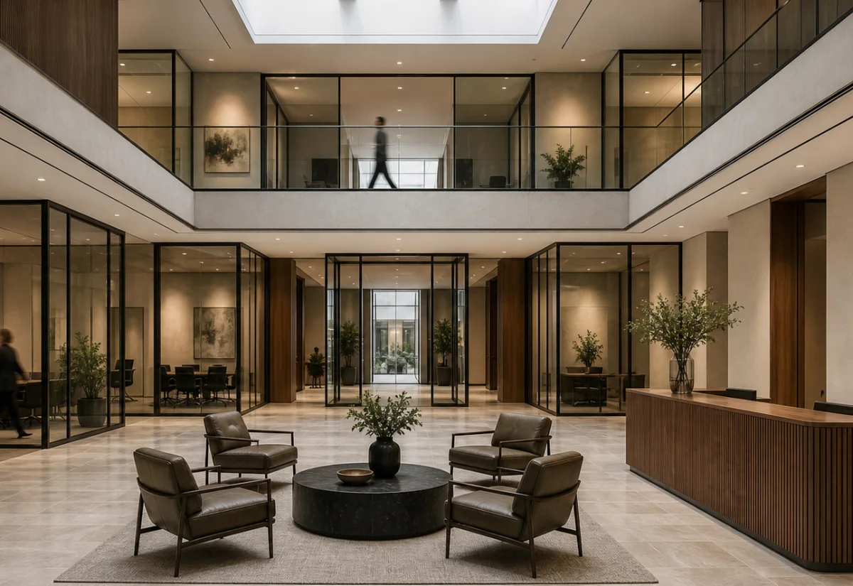 Premium regulatory-hosting atrium with glass-fronted private suites and a mezzanine