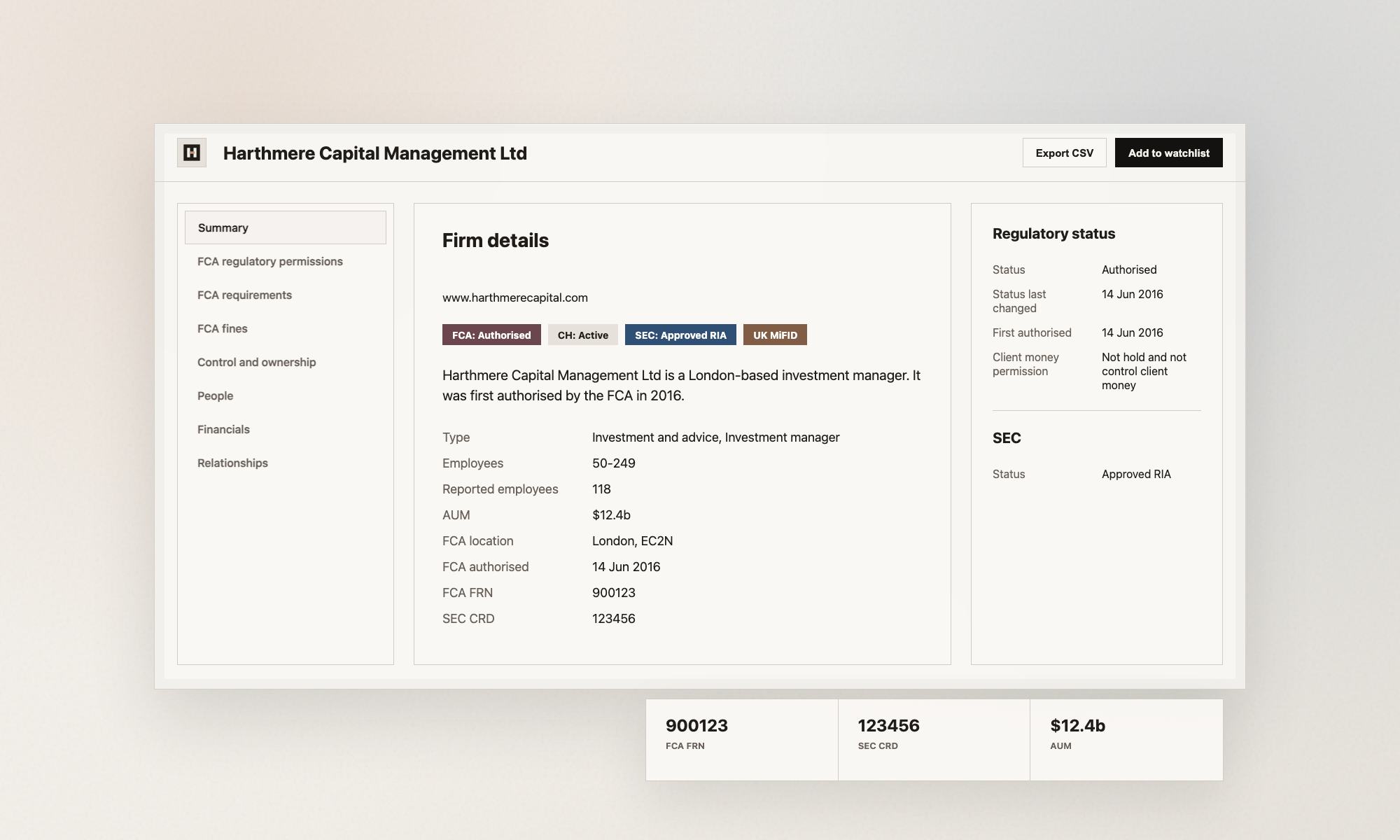 Hackford firm profile showing regulatory status, FCA FRN, SEC CRD, AUM, and senior regulatory context