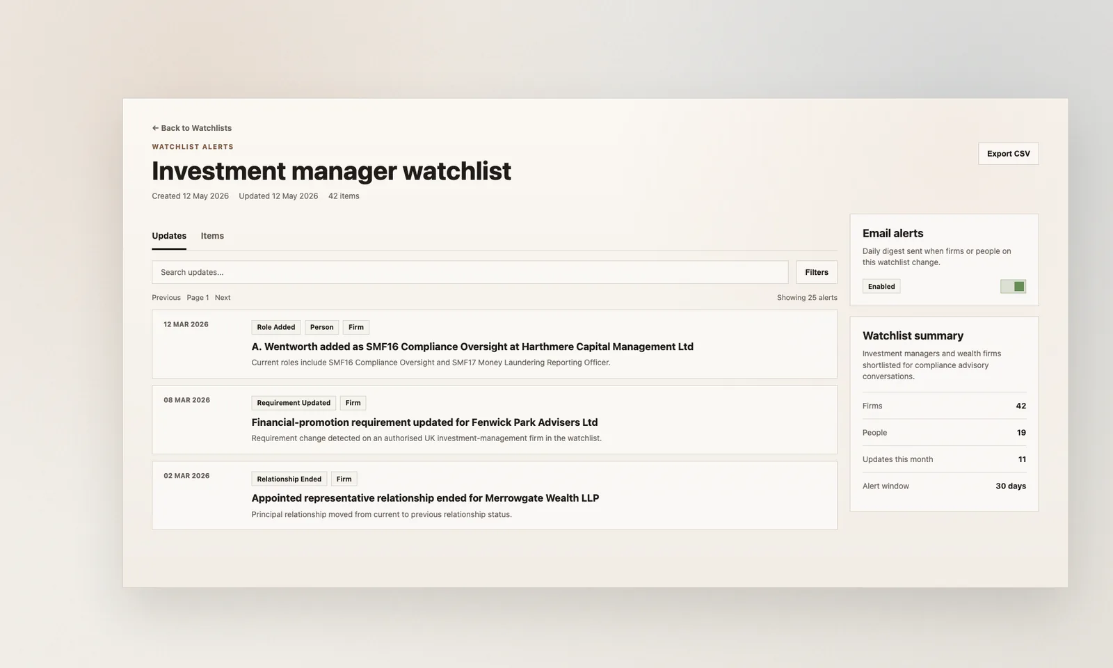 Hackford investment manager watchlist showing regulated-firm change signals