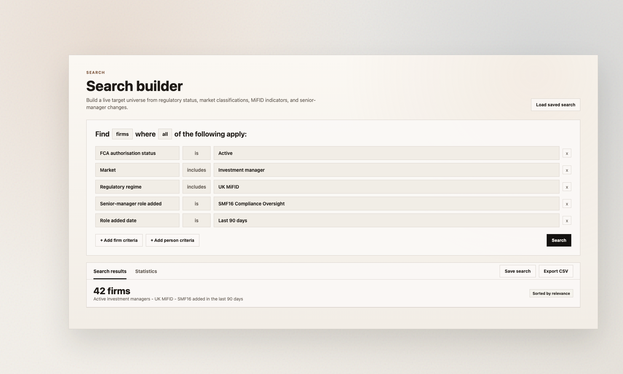 Hackford search builder showing active investment-manager firms with UK MiFID indicators and a recently appointed SMF16