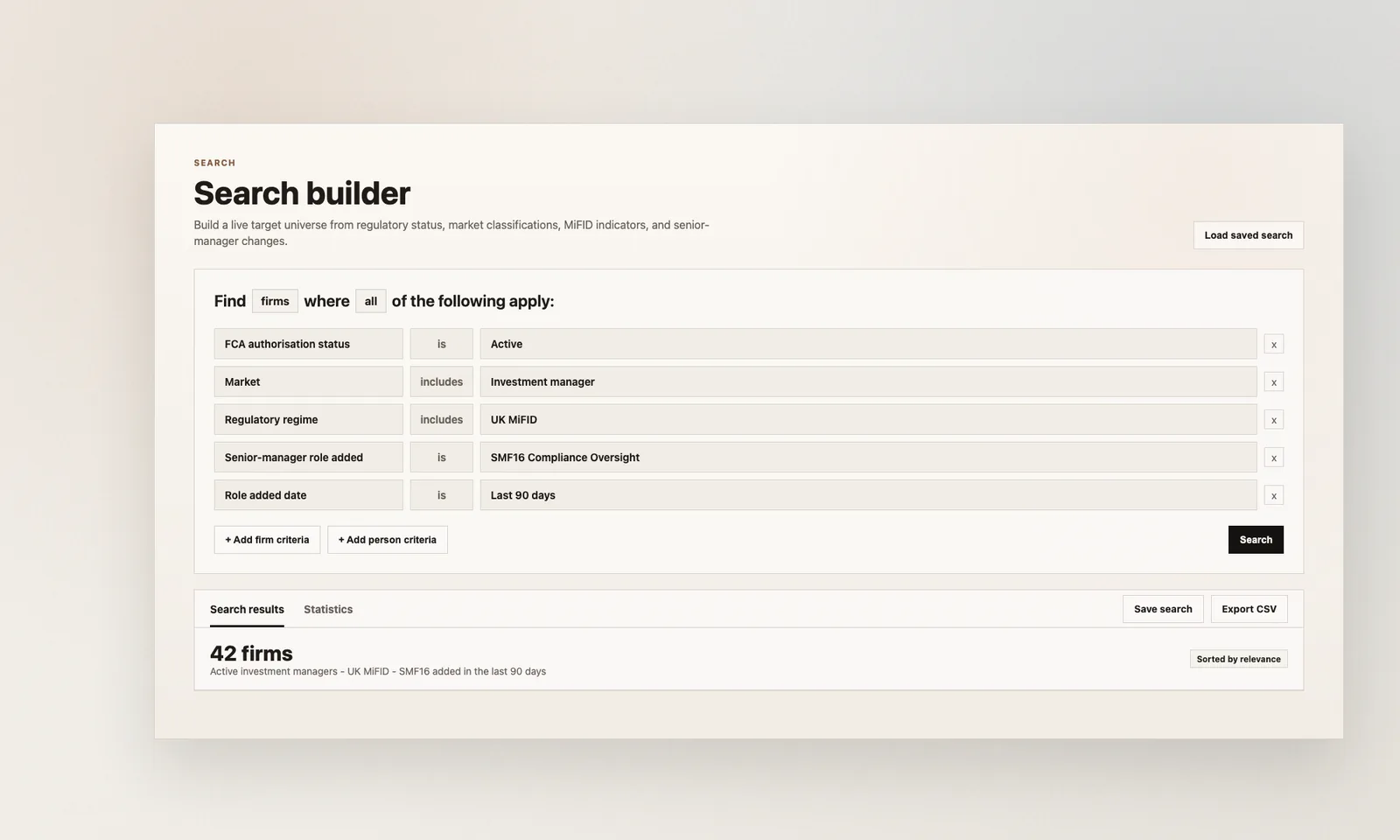 Hackford search builder showing active investment-manager firms with UK MiFID indicators and a recently appointed SMF16
