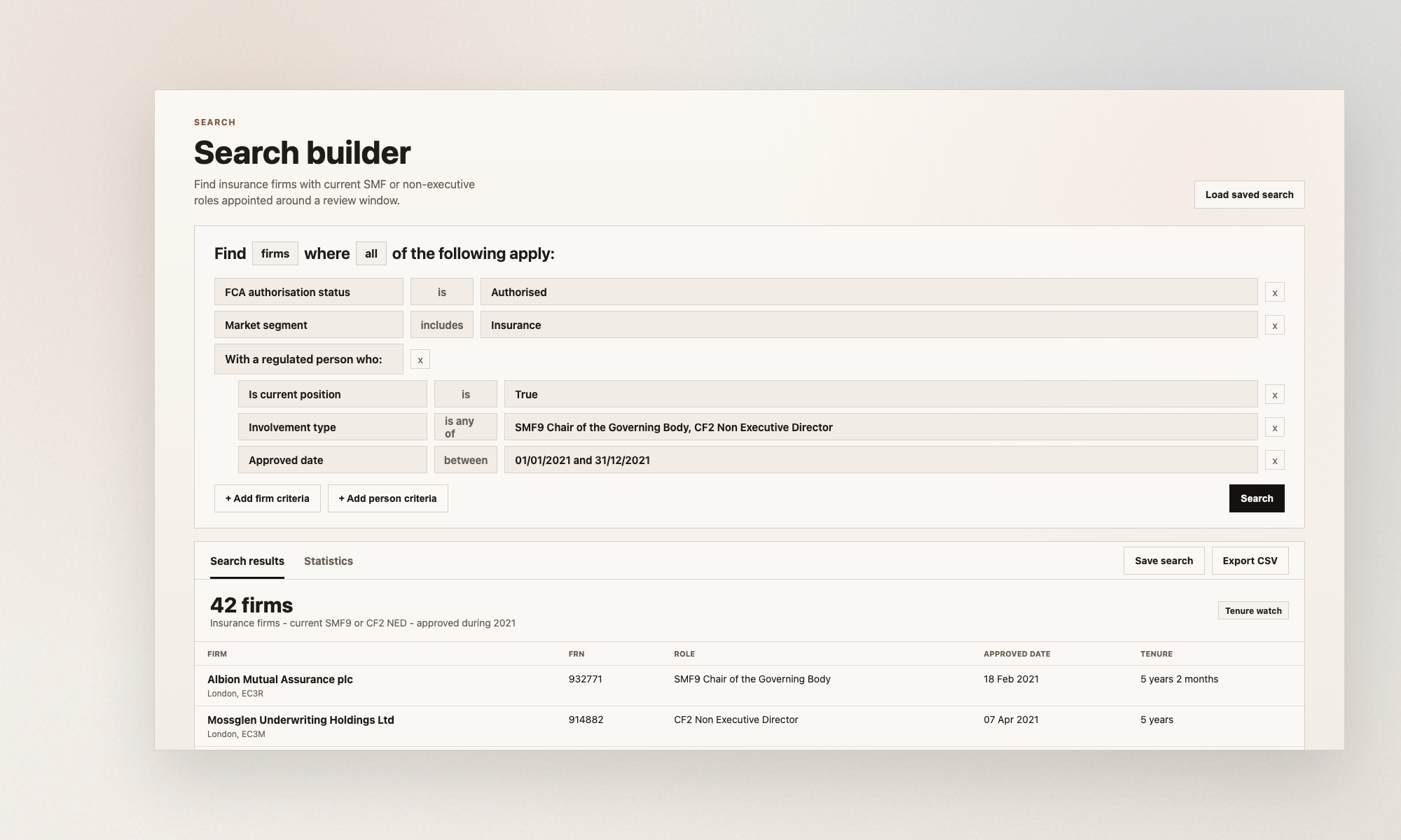 Hackford search builder showing an insurance-sector example using current SMF9 chair and CF2 non-executive director roles appointed during 2021
