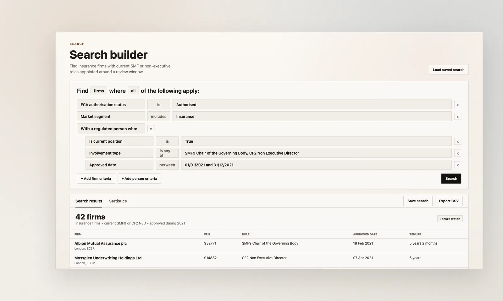Hackford search builder showing an insurance-sector example using current SMF9 chair and CF2 non-executive director roles appointed during 2021