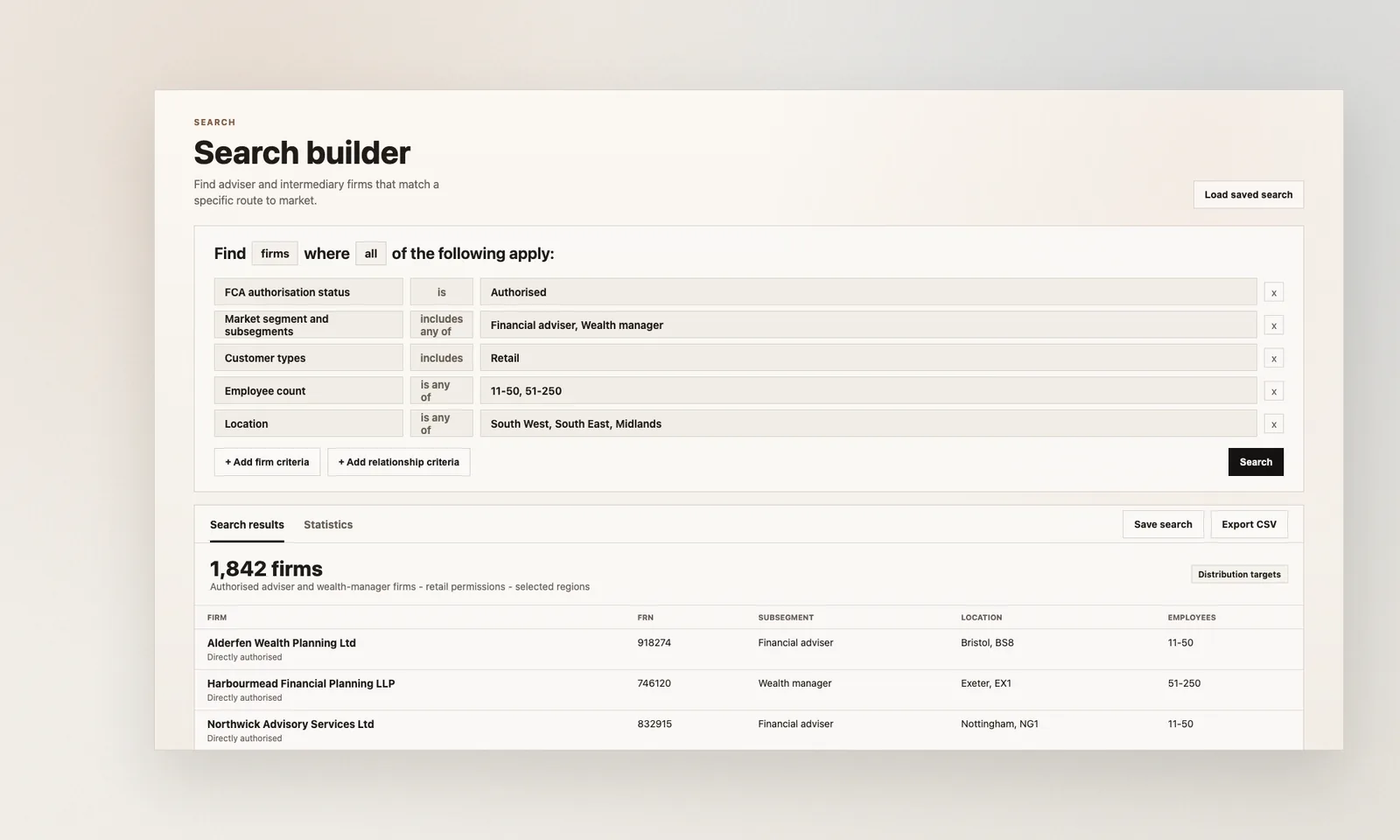 Hackford search builder showing firm status and classification criteria for a target market search