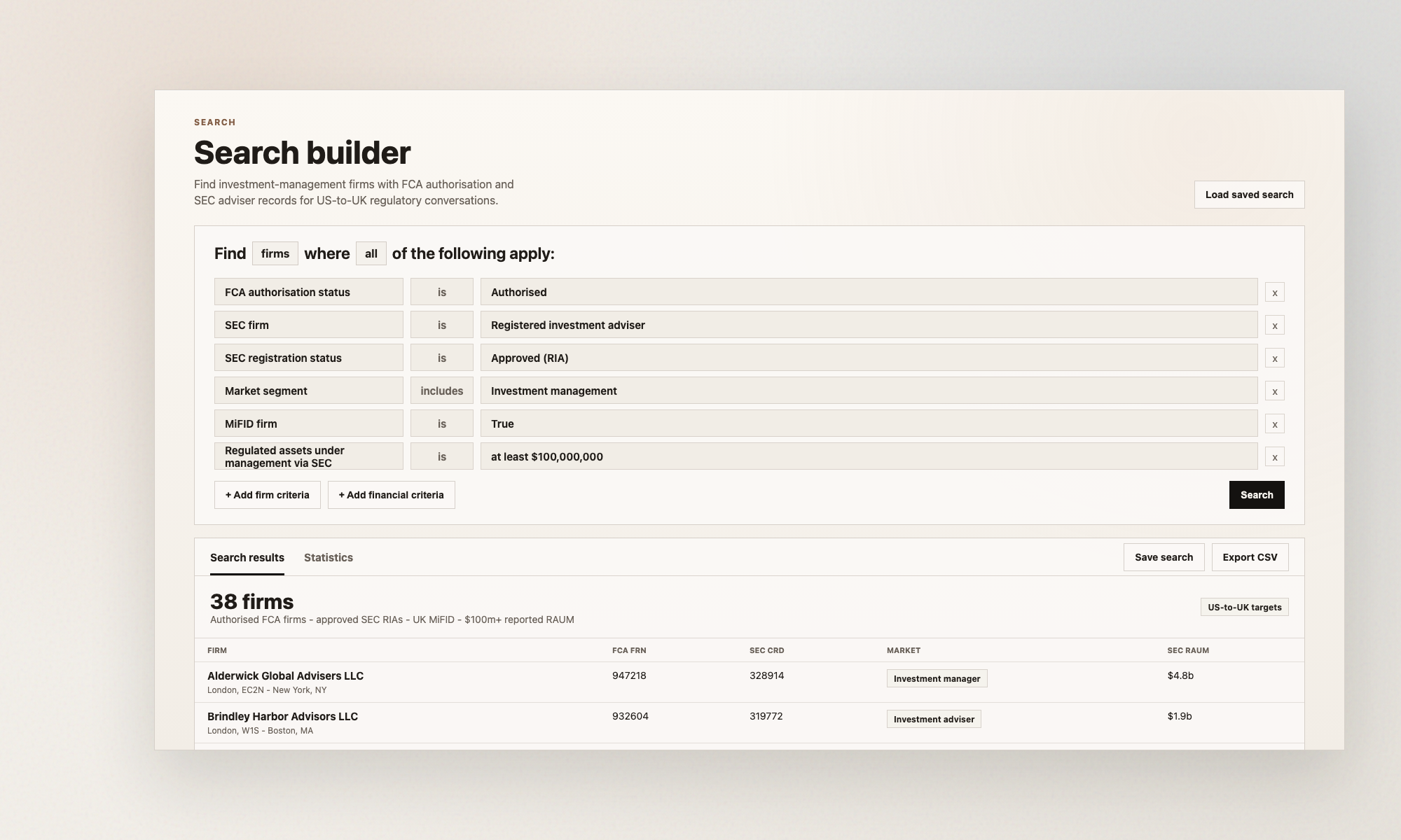 Hackford search builder showing FCA-authorised investment firms with approved SEC RIA records, UK MiFID status, and SEC RAUM filters