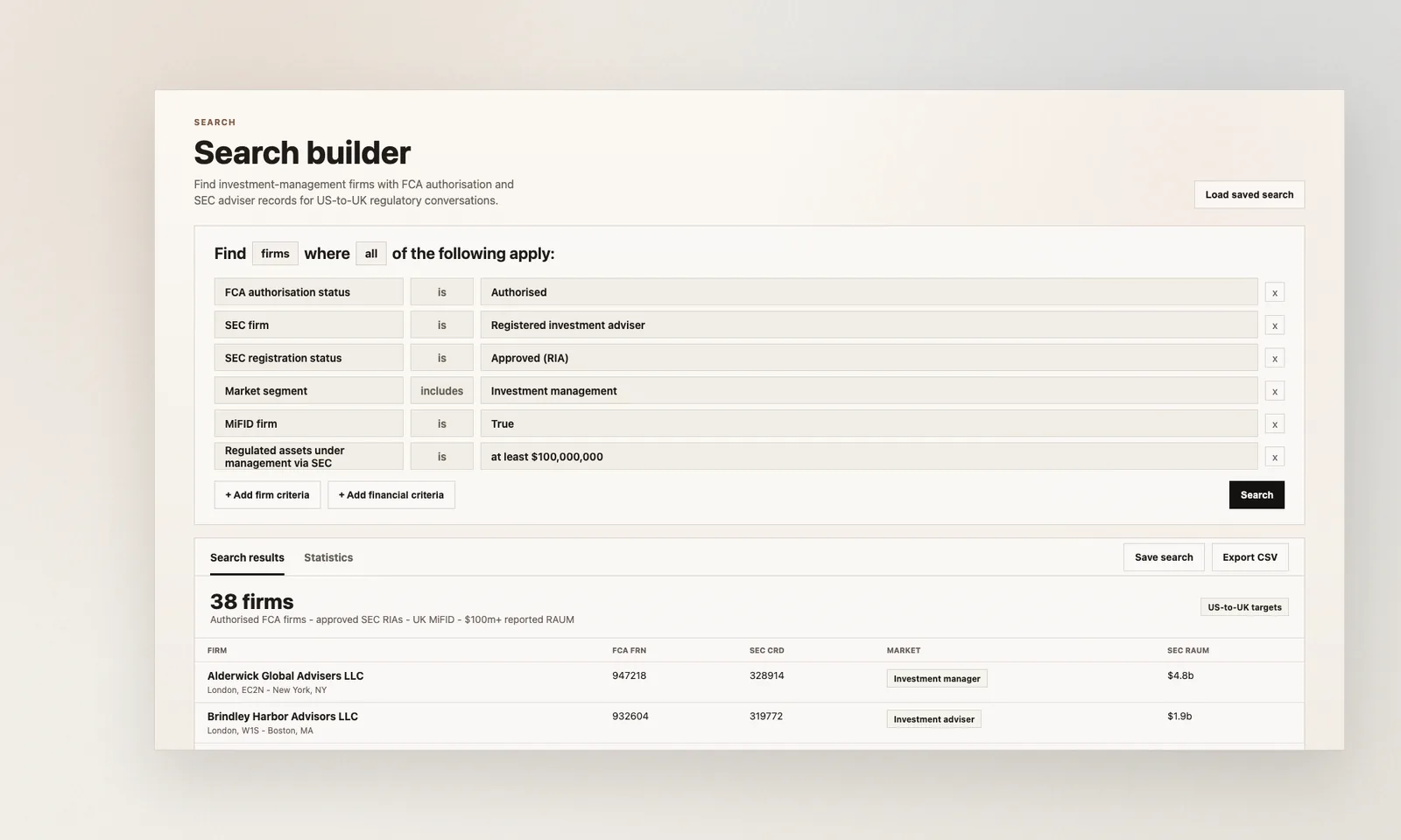 Hackford search builder showing FCA and SEC cross-border firm criteria