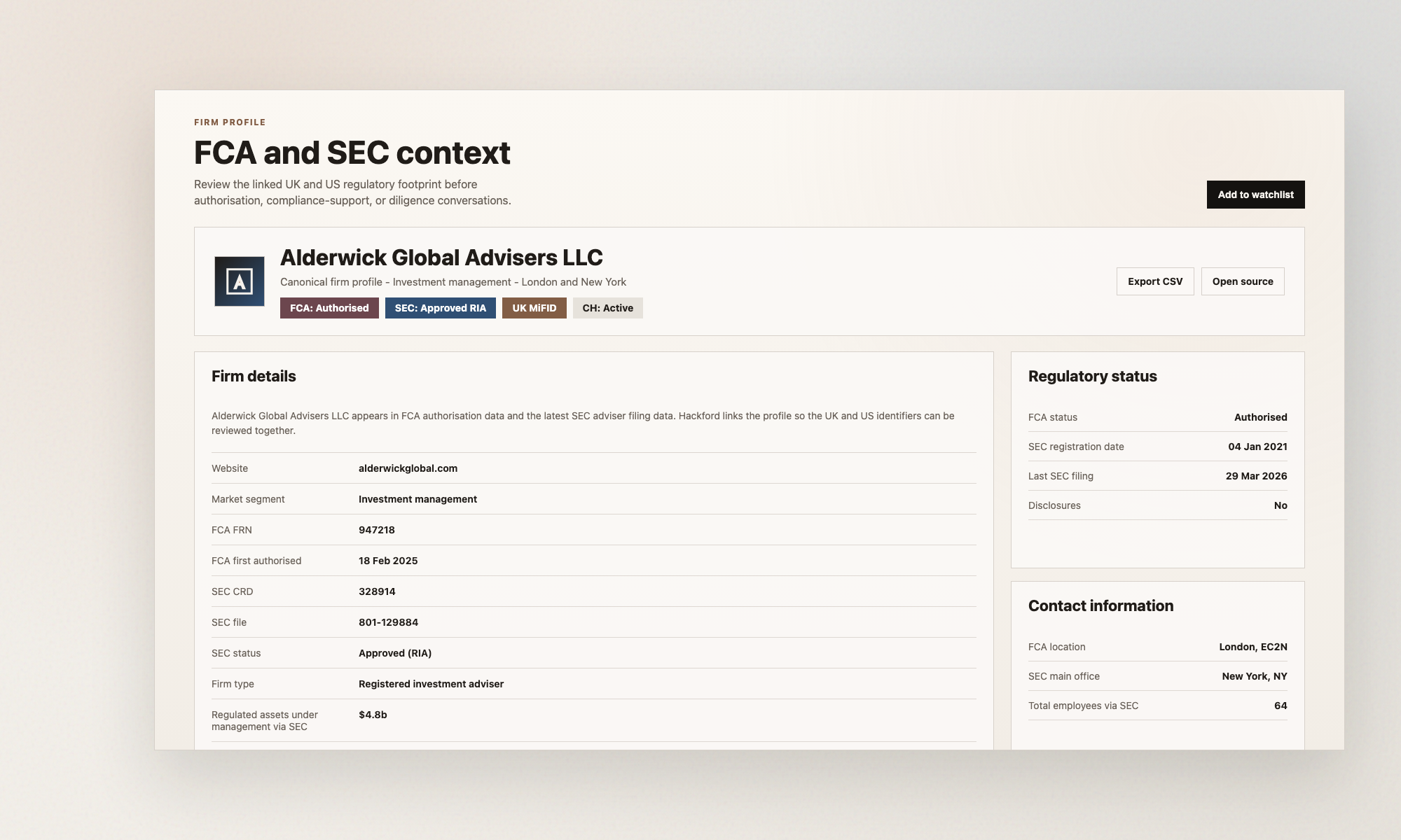 Hackford firm profile showing linked FCA and SEC status, identifiers, SEC RAUM, and office context for a dual-regulated adviser
