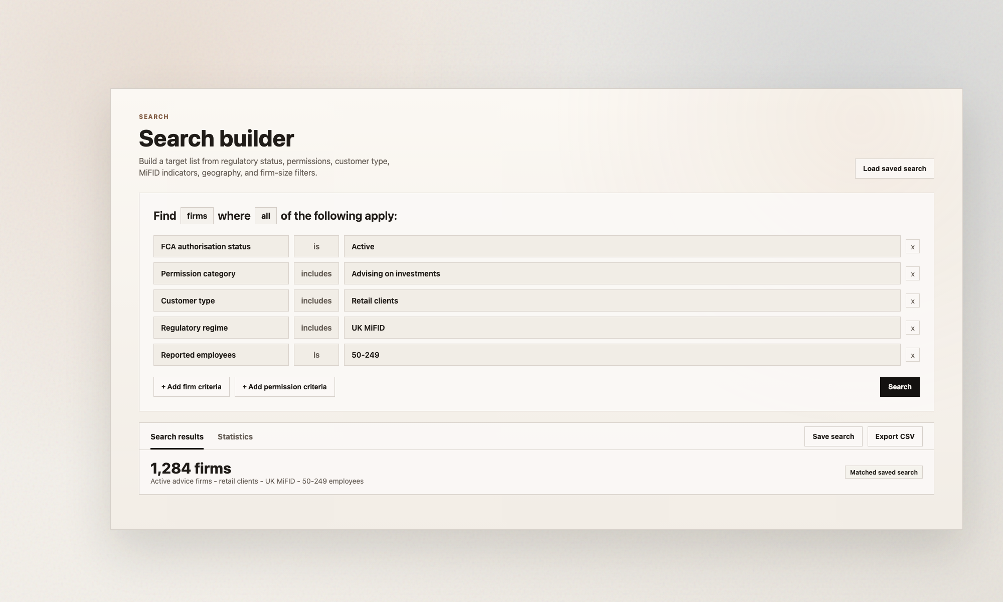 Hackford search builder showing active advice firms filtered by permissions, retail clients, UK MiFID, and employee size