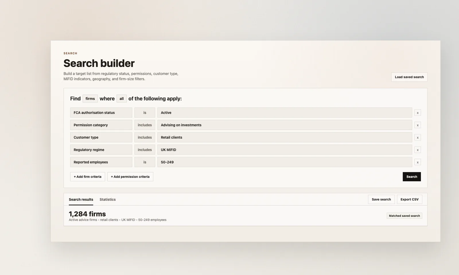 Hackford search builder showing active advice firms filtered by permissions, retail clients, UK MiFID, and employee size