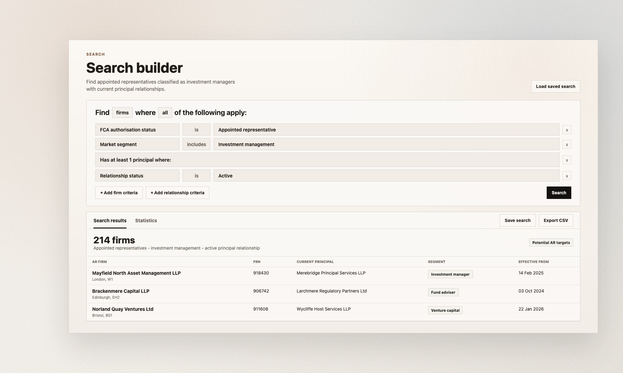 Hackford search builder showing appointed representatives classified as investment managers with current principal relationships