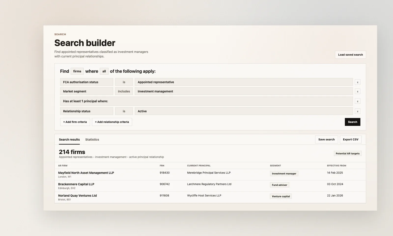 Hackford search builder showing appointed representatives classified as investment managers with current principal relationships