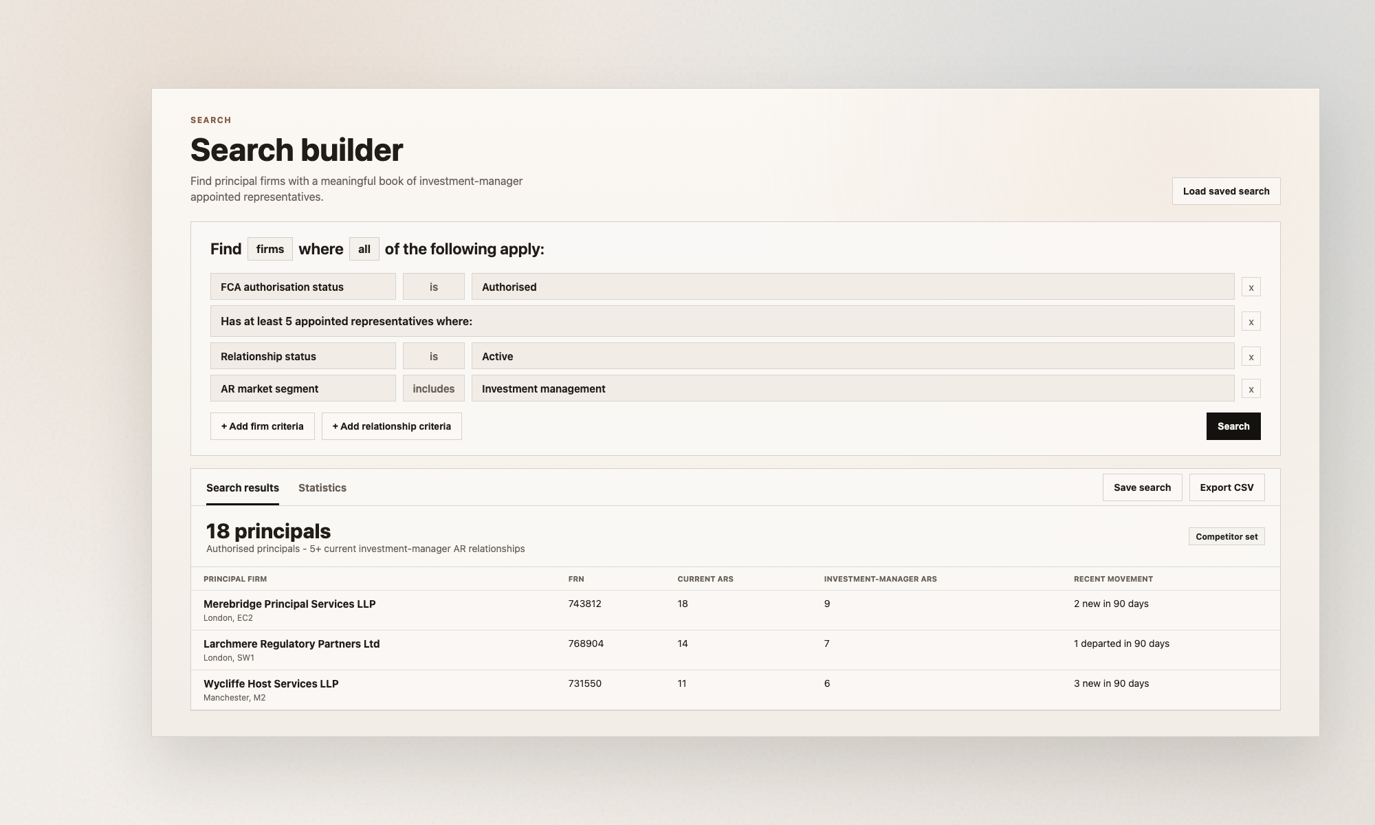 Hackford search builder showing principal firms with at least five investment-manager appointed representatives