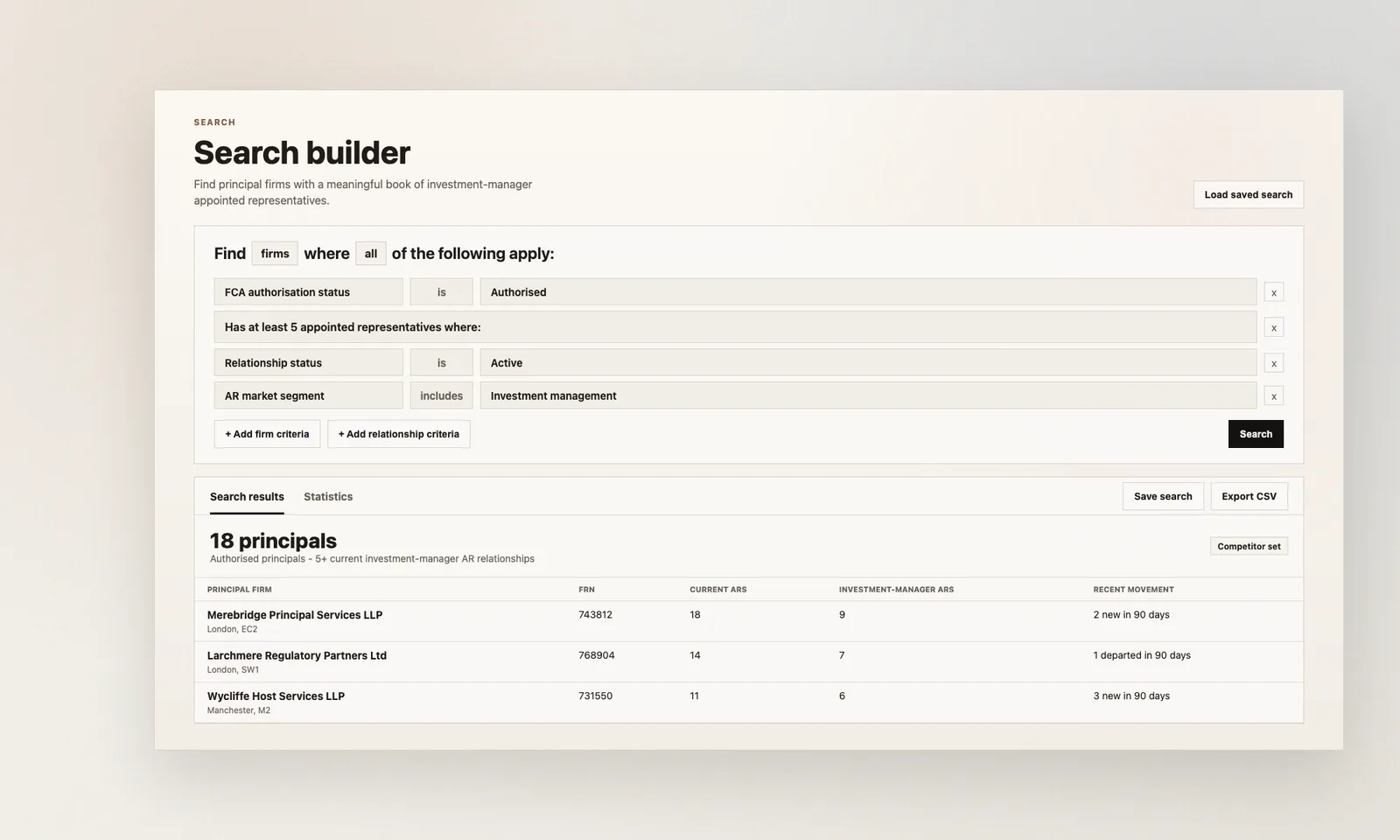 Hackford search builder showing principal firms with at least five investment-manager appointed representatives