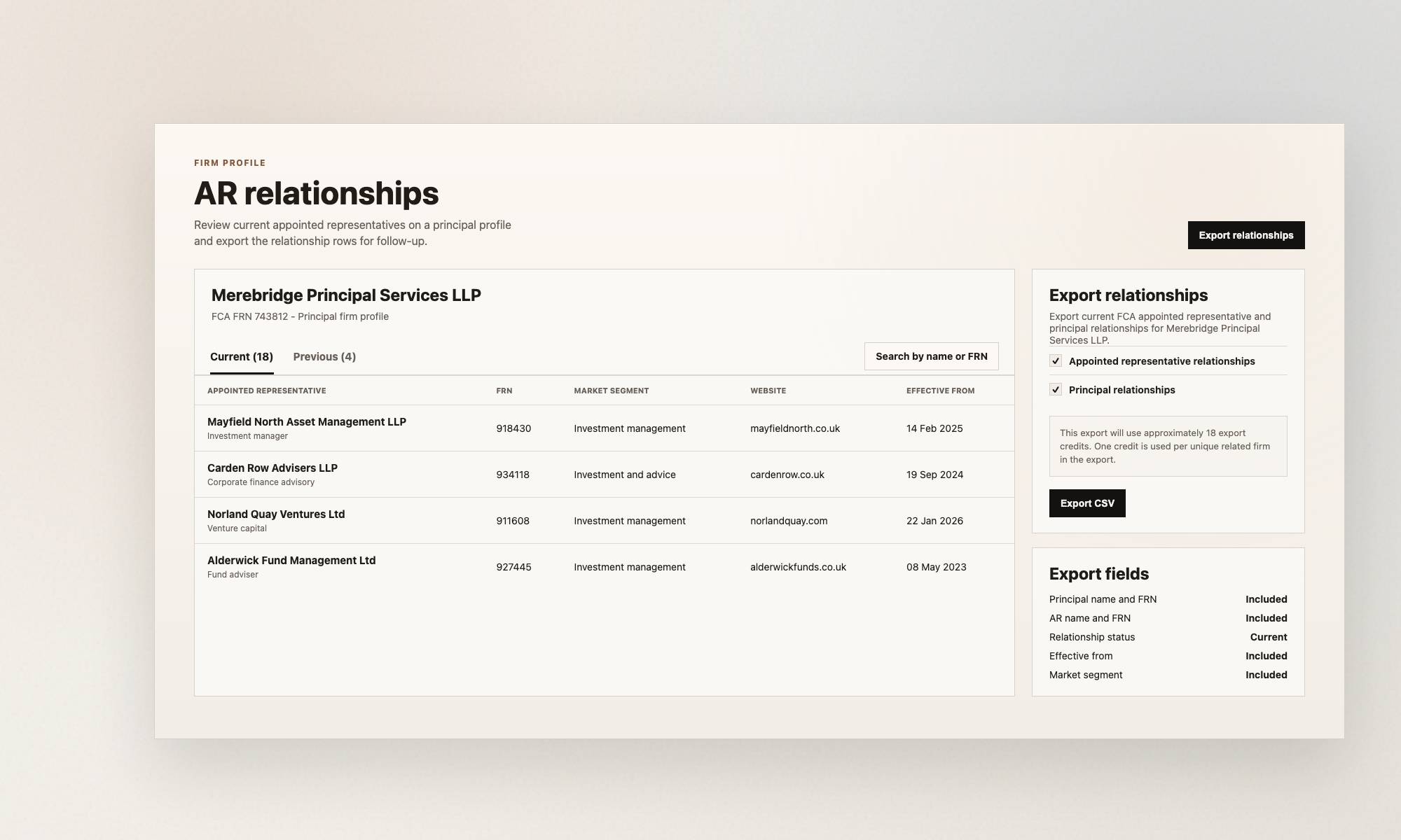 Hackford firm profile showing appointed representative relationships and the export relationships CSV control