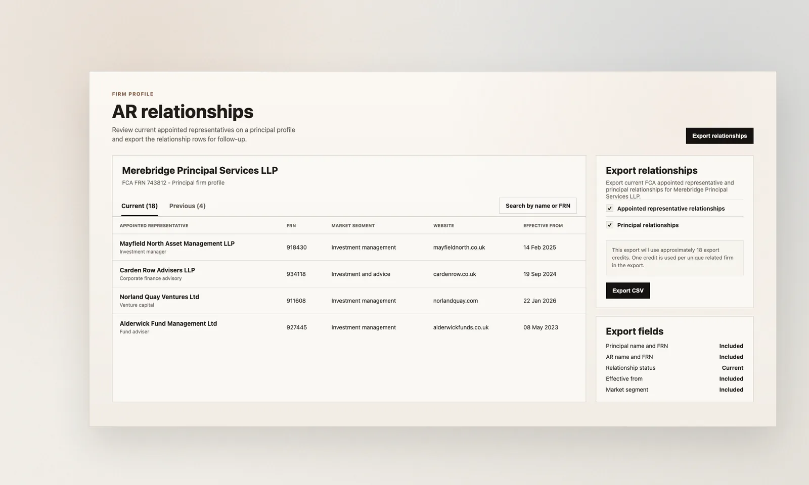 Hackford firm profile showing appointed representative relationships and the export relationships CSV control